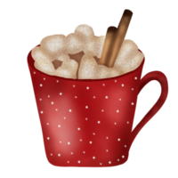 Hand drawn watercolor illustration of hot chocolate with marshmallow and cinnamon in red cup with little star ornament. Christmas element. Beverages. png