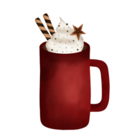hand dragen vattenfärg illustration av varm choklad med vispad grädde och kaka i röd mugg.jul element. drycker. png