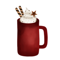 Hand drawn watercolor illustration of hot chocolate with whipped cream and cookie in red mug.Christmas element. Beverages. png