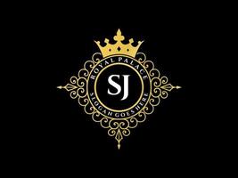 Letter SJ Antique royal luxury victorian logo with ornamental frame. vector