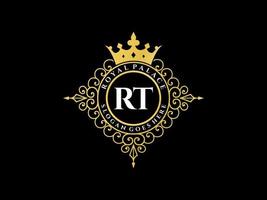 Letter RT Antique royal luxury victorian logo with ornamental frame. vector