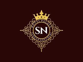 Letter SN Antique royal luxury victorian logo with ornamental frame. vector