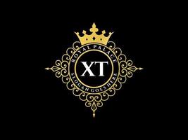 Letter XT Antique royal luxury victorian logo with ornamental frame. vector