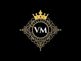 Letter VM Antique royal luxury victorian logo with ornamental frame. vector