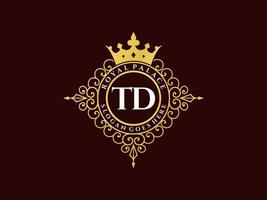 Letter TD Antique royal luxury victorian logo with ornamental frame. vector