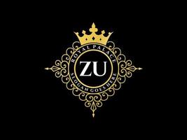Letter ZU Antique royal luxury victorian logo with ornamental frame. vector