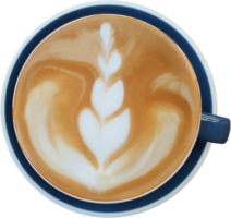 Top view of a mug of latte art coffee on timber background. png