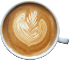 Top view of a mug of latte art coffee on timber background. png