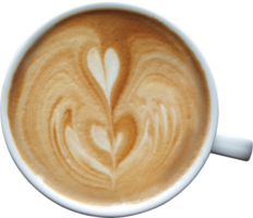 Top view of a mug of latte art coffee on timber background. png