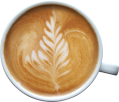 top visie van een mok van latte kunst koffie Aan hout achtergrond. png