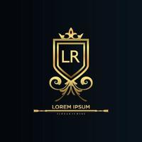 Lr letra inicial con plantilla real.elegante con vector de logotipo de corona, ilustración de vector de logotipo de letras creativas.