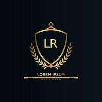 Lr letra inicial con plantilla real.elegante con vector de logotipo de corona, ilustración de vector de logotipo de letras creativas.