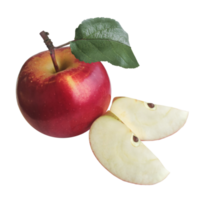 Image of an apple with a green leaf and slices. png
