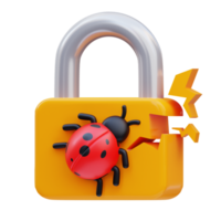 Representación 3d de la ilustración del icono de candado de seguridad cibernética rota por virus png