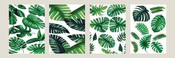 green monstera as a pattern on a white background. exotic pattern with tropical leaves. Vector illustration. set of square posters