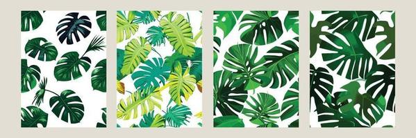 green monstera as a pattern on a white background. exotic pattern with tropical leaves. Vector illustration. set of square posters