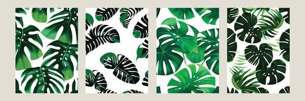 green monstera as a pattern on a white background. exotic pattern with tropical leaves. Vector illustration. set of square posters