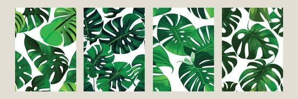 green monstera as a pattern on a white background. exotic pattern with tropical leaves. Vector illustration. set of square posters