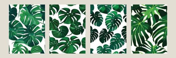 green monstera as a pattern on a white background. exotic pattern with tropical leaves. Vector illustration. set of square posters