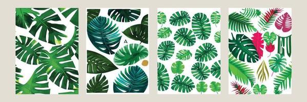 green monstera as a pattern on a white background. exotic pattern with tropical leaves. Vector illustration. set of square posters