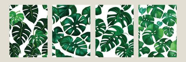 green monstera as a pattern on a white background. exotic pattern with tropical leaves. Vector illustration. set of square posters