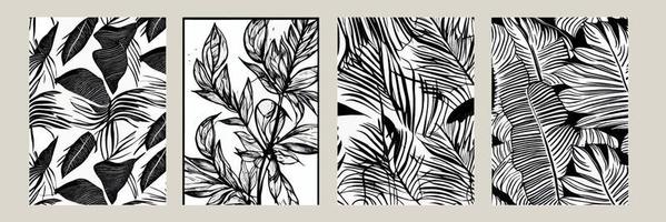 establecer hojas exóticas de patrones sin fisuras en blanco y negro. Fondo decorativo elegante vector abstracto. hojas de palma tropical, patrón floral vectorial sin costuras de hoja de selva. fondo de pantalla de estilo tropical grunge.