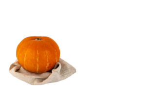 citrouille orange ronde sur un sac en lin png, fond transparent. png