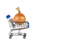 One large yellow onion in a husk in a shopping cart, PNG, transparent background. png