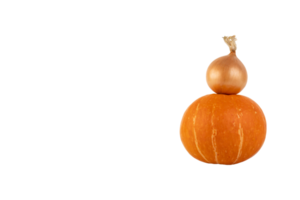 One yellow onion and an orange pumpkin are stacked in the form of a pyramid, PNG, transparent background. png