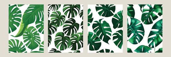 green monstera as a pattern on a white background. exotic pattern with tropical leaves. Vector illustration. set of square posters