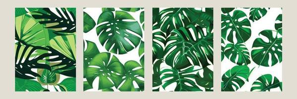 green monstera as a pattern on a white background. exotic pattern with tropical leaves. Vector illustration. set of square posters