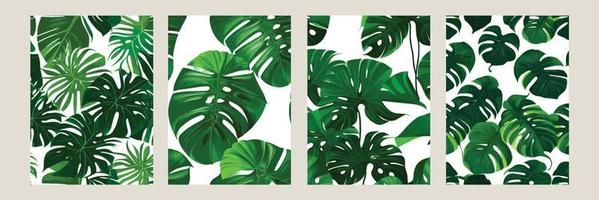 green monstera as a pattern on a white background. exotic pattern with tropical leaves. Vector illustration. set of square posters