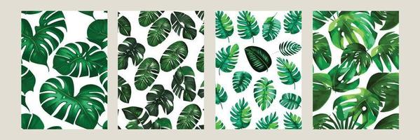 green monstera as a pattern on a white background. exotic pattern with tropical leaves. Vector illustration. set of square posters