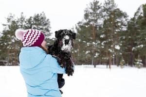 la joven sostiene su schnauzer miniatura negro congelado con las manos sobre un fondo de bosque de coníferas de invierno. foto