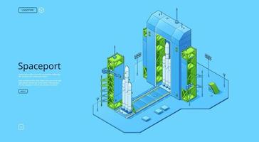 Spaceport isometric set with rocket on cosmodrome vector