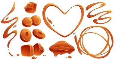 Toffee candies and liquid caramel splashes vector