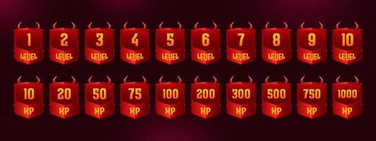 Red badges with game level number and xp points vector