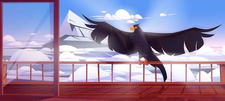 Black eagle, falcon, crow or hawk sit on terrace vector