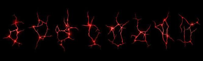 Ground cracks with red glow, lightning set vector