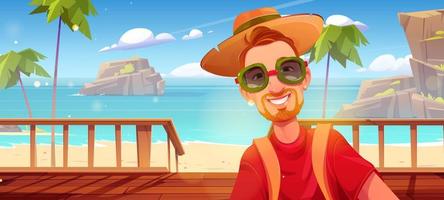 Happy man on wooden porch on sea beach vector