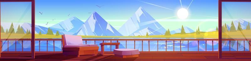 terraza de la casa con sofá y mesa en la orilla del lago vector