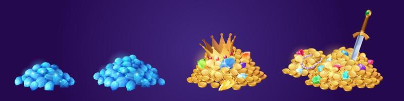 Treasure icons with heaps of gold coins, diamonds vector