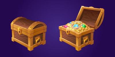 Treasure chest with gold coins and gems vector