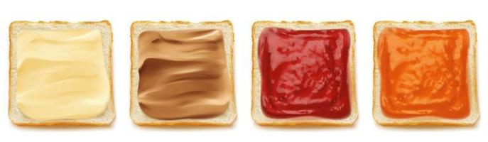 Square slices of bread with peanut butter, jam vector