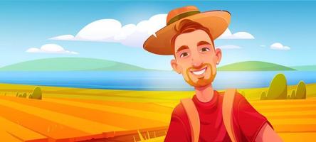 Young man smiles on background of river and fields vector