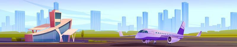 Airport terminal and private jet on landing field vector