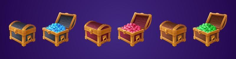 Chests with treasure, open and closed wooden trunk vector