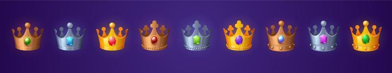 Medieval gold and silver royal crowns with gems vector