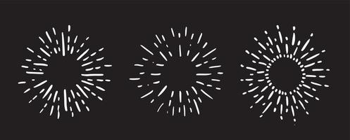 Sun rays images on black background. Firework hand drawn icons set. Vector. vector