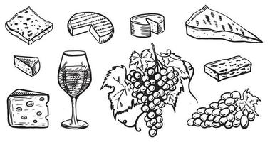 colección de queso, vino y uvas. ilustración de estilo dibujado a mano. vector. vector